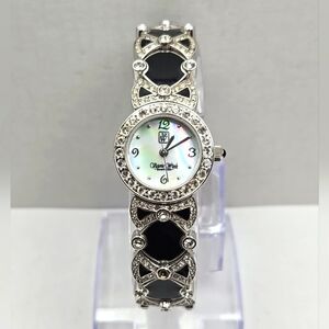 Victoria Wieck LADIES Watch Mother of Pearl Silver Tone & Black Enamel Crystals